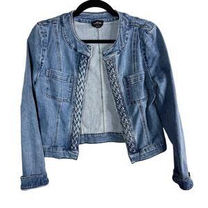 Bebe XSmall XS Blue Braided Trim Denim Jacket Medium Wash Stretch Cotton Fitted